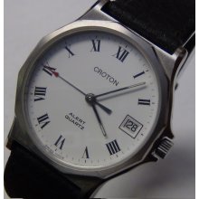 Croton Men's Swiss Made Quartz Silver Alarm Calendar Watch w/ Made In France Str