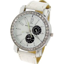 Crystals Circle Dial Stainless Steel Case Leather Band Wrist Watch (White) - White - Metal