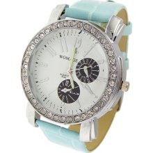 Crystals Circle Dial Stainless Steel Case Leather Band Wrist Watch (Light Blue) - Blue - Metal