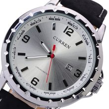 CURREN Man Quartz Calendar Wrist-watch Watch with PU Leather Band-Silvery dial