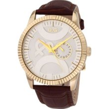 D&G Dolce & Gabbana Mens Twin Tip Stainless Watch - Brown Leather Strap - Silver Dial - DW0697