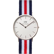 Daniel Wellington Womens Canterbury Classic Analog Stainless Watch - Red White and Blue Nylon Strap - White Dial - 0606DW