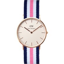 Daniel Wellington Womens Southampton Classic Analog Stainless Watch - Pink White and Blue Nylon Strap - White Dial - 0506DW