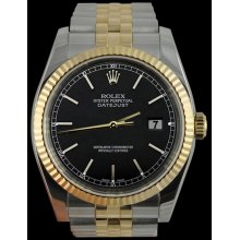 Datejust men watch black stick dial two tone jubilee bracelet fluted bezel rolex