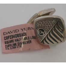David Yurman Cufflink Sterling Silver Square Half Cable Logo Diamond Silver