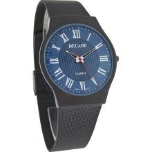 Decade Mens 41mm Black Finish Blue Dial Mesh Bracelet Dress Watch 32570