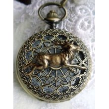 Deer pocket watch, mens pocket watch with running deer mounted on front case in antiqu bronze