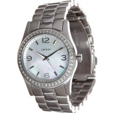 DKNY New Ladies Round Analog Crystals Watch Steel Bracelet Mother of Pearl MOP