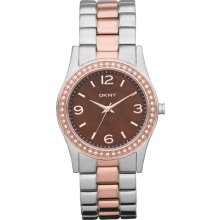 DKNY Womens Analog Glitz Stainless Watch - Two-tone Bracelet - Pearl Dial - NY8479