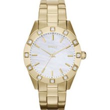 DKNY Womens Crystal Analog Stainless Watch - Gold Bracelet - Pearl Dial - NY8661