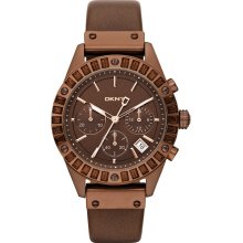 DKNY Womens Glitz Crystal Bowery Chronograph Stainless Watch - Brown Leather Strap - Brown Dial - NY8654