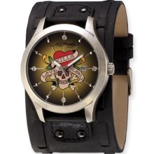 Ed Hardy Mens Gladiator Love Kills Stainless Watch - Black Leather Strap - Black Dial - GL-LK