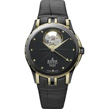 EDOX Watches Edox Men's Black Dial Black Calfskin Black Calfskin/Blac