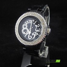 Fashion Dazzling Crystal Arabic Numerals Black Plastic Wrist Quartz Watch