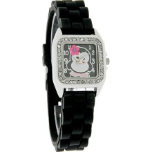 Fashion Design Ladies Penguin Flower Crystal Black RubberBand Quartz Watch SR436