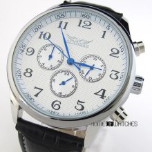 Fashion Mens White Dial Blue 6 Hands Sub-dials Date Automatic Mechanical Watch