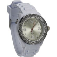Fashion Sports Rhinestone Wrist Watch Rubber Digital Watch - White