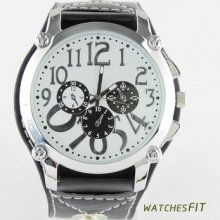 Fashion Style Arabic Numerals White Dial Black Leather Band Unisex Quartz Watch