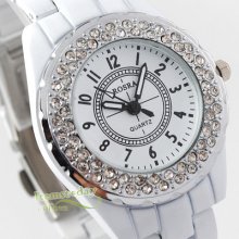 Fashion Women Lady Full White Nice Crystal Wrist Watch Quartz Battery