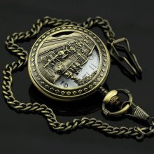 Fashionable Retro Style- Bronze Train Cut Men's Pocket Watch +chain Arabic Dial