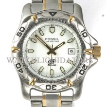 Fossil Blue Mens Twotone White Pearl Dial Illuminating Wr 100m Sport Watch