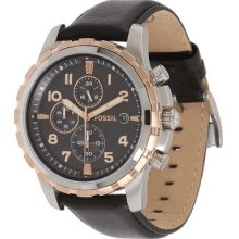 Fossil Men's Chronograph Black Leather Watch Fs4545 With Tin Box 50m.