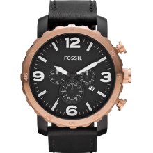 Fossil Mens Nate Chronograph Stainless Watch - Black Leather Strap - Black Dial - JR1369