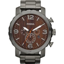 Fossil Watch JR1355 Nate, large round smoke bracelet, brown face.