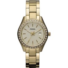 Fossil Womens Stella Mini Crystal Analog Stainless Watch - Gold Bracelet - Gold Dial - ES3107