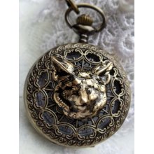 Fox pocket watch, mens pocket watch with fox head mounted on front case in antique bronze