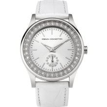 French Connection Ladies White Strap Watch With Silver Dial And Stone Set Bezel Cd86.14Fcx