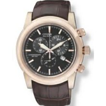 Gent`s Citizen Eco Drive Round Rose Gold Tone Watch W/ Leather Strap