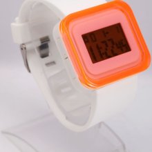 Girls Sport Day Date Orange Dial Silicone Digital Display Led Wrist Watch