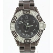 Golden Classic Womens Boyfriend Rhinestone Large Face Brown Watch 1613br