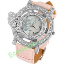 Good Rhinestone Butterfly Watch Case Ladies Pink Leather Band Watch