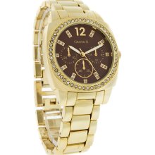 Gruen II Ladies Crystal Brown Dial Chrono Design Gold Tone Bracelet Watch GRT903
