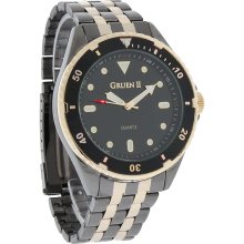 Gruen II Quartz Mens XL 47mm Black Dial Two Tone Bracelet Dress Watch GRT609M