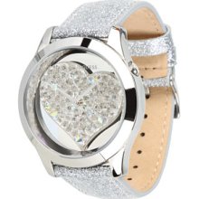 Guess Lady U0113l1 Silvertone Crystal Heart Watch Leather Strap