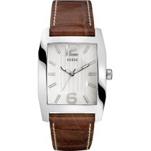 Guess Men's Quartz Watch With White Dial Analogue Display And Brown Leather Strap W70023g2