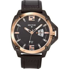 Hector H France Men's Round Black Dial Leather Strap Date Watch
