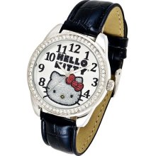 Hello Kitty Black Leather Strap Crystal Bezel Wat