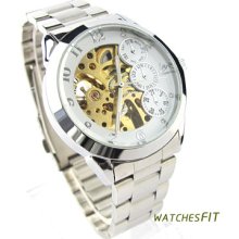 Hollow Skeleton White Dial Automatic Mechanical Stainless Steel Men Wrist Watch