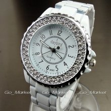 Hours Clock Dial Hand Water Ladies Crystal White Steel Wrist Watch Wa117