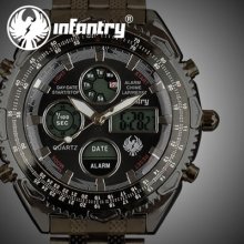 Infantry Mens Army Quartz Lcd Digital Analog Alarm Watch Black Stainless Steel