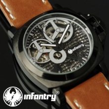 Infantry Mens Skeleton Mechanical Sport Wrist Watch Stainless Steel Leather +box
