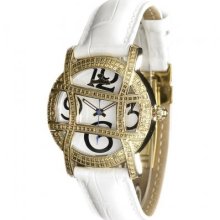 JBW Just Bling Iced Out Ladies JB-6214L-B Gold-Tone Designer Dial Leather Diamond Watch
