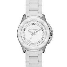 KARL LAGERFELD '7' Beveled Bezel Silicone Bracelet Watch, 36mm White/ Silver