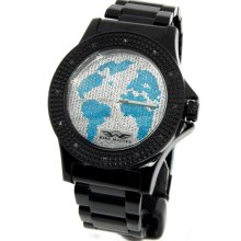 King Master Black Ionic Blue World Map Dial Diamond Men's Watch KM-59