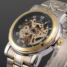 Ks Automatic Skeleton Mechanical Black Dial Gold Bezel Stainless Steel Men Watch