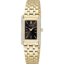 Ladies Citizen Quartz Black Dial Gold Tone Stainless Swarovski Watch Ek1122-50e
